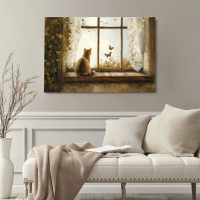 2D Flat, 1Pc Framed Canvas Wall Art, Cat looking out the window, butterflies fluttering, Impressionist oil painting style Art Print Canvas Poster Pain