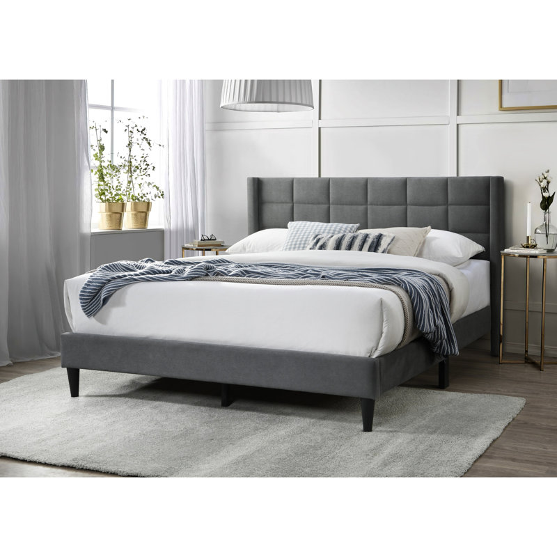 Très grand lit à la mode gris avec tête de lit rectangulaire en lin brossé et structure de lit rembourrée et stable, Gris