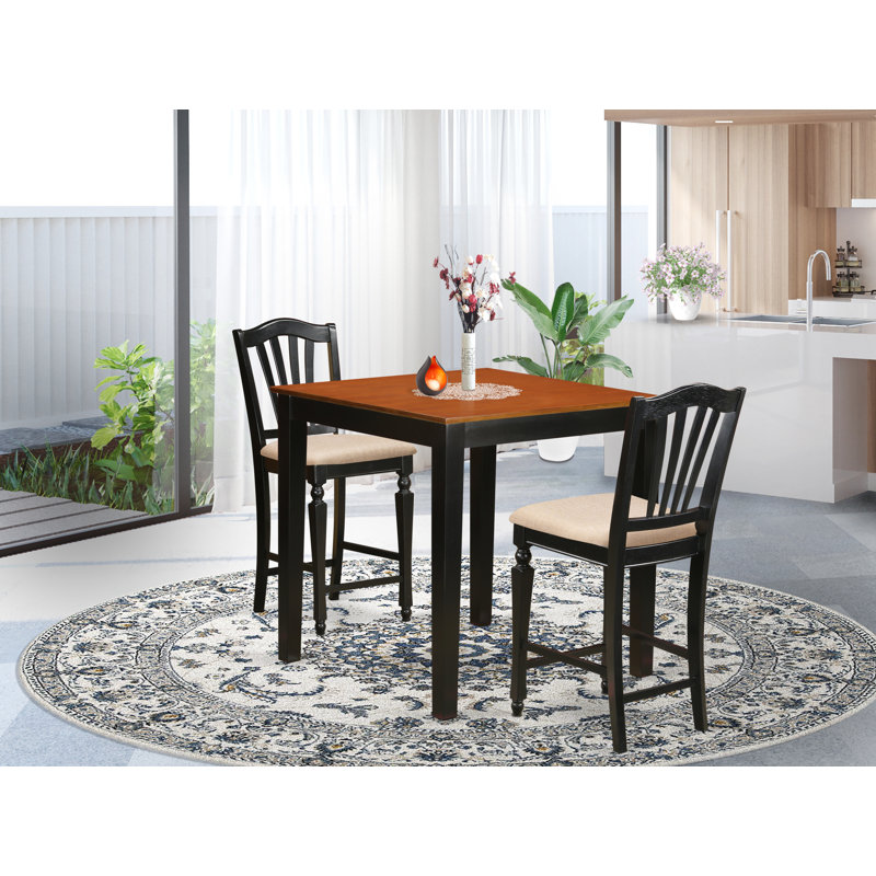 Ensemble de table de salle à manger à hauteur de comptoir 3 pièces comprenant une table de salle à manger carrée et 2 chaises en tissu de lin, noir et cerise
