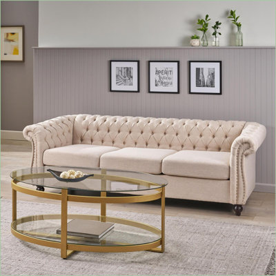 Canapés-lits, canapé Chesterfield traditionnel 3 places pour le salon | Beige | Tissu