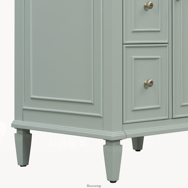 Meuble-lavabo autoportant de 24 po avec comptoir d'évier, armoire en bois massif et panneau de fibres à densité moyenne avec 1 tiroir rabattable et 2 tiroirs, tablette réglable, vert