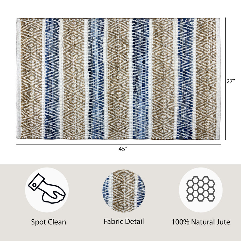 Natural and Denim Striped Cotton Accent Rug, 27" x 45"