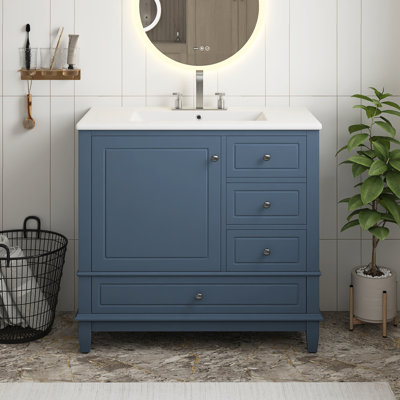 Meuble-lavabo autoportant de 36 po avec lavabo en céramique, panneau de fibres à densité moyenne et base en bois massif bleu, 3 tiroirs et armoire avec tablettes