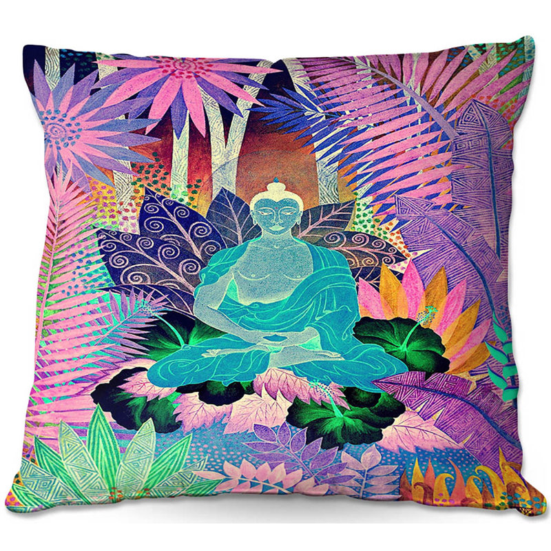 Coussin Couch Buddha in the Jungle, 20 po x 20 po, Mauve / Rose / Vert