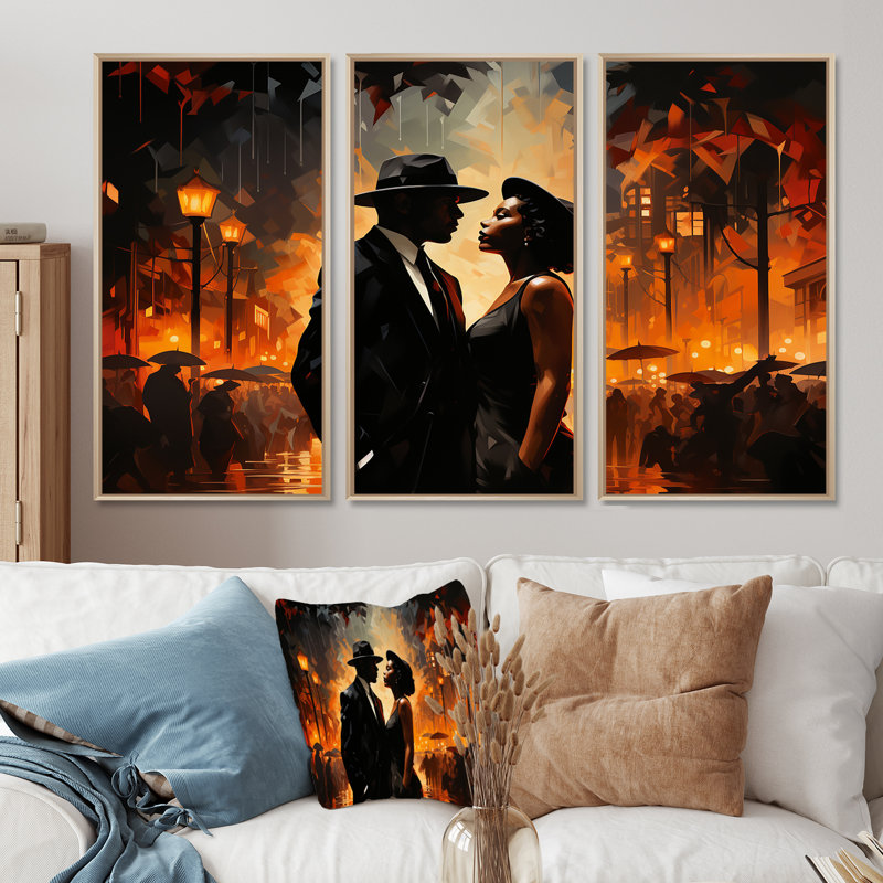 Noir et orange Harlem Renaissance Jazz Couple - art mural Harlem Renaissance, H 28 po x l 36 po, Cadre flottant noir