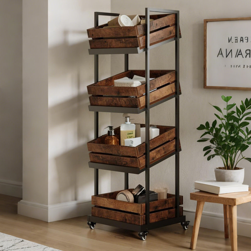 4-Tier Industrial Rolling Storage Cart, Narrow Kitchen Wine Rack