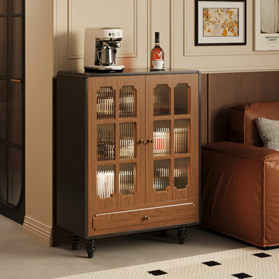 Nut-brown+Black Manufactured Wood+Glass Sideboard