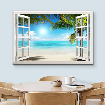 Fenêtre, paysage, palmier vert tropical, plage côtière, océan bleu, reproduction d'art sur toile