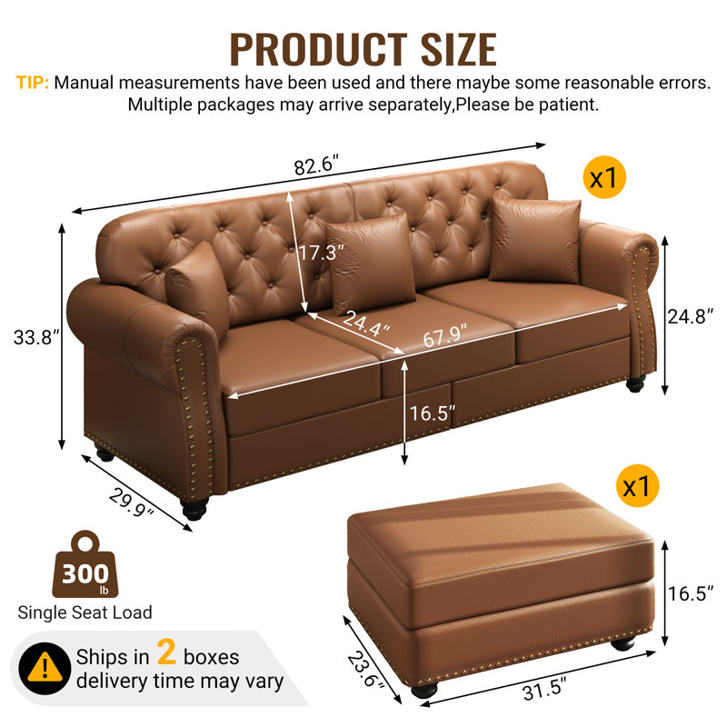 ENSEMBLE Canapé brun en similicuir 82,6 po avec repose-pieds (3 coussins)