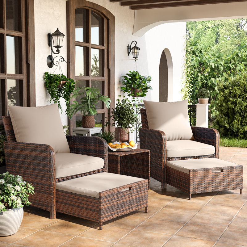 Billmont Wicker/Rattan 2 Person Seating Patio Conversation Sets With Ottoman,  Khaki Cushion/Brown Frame