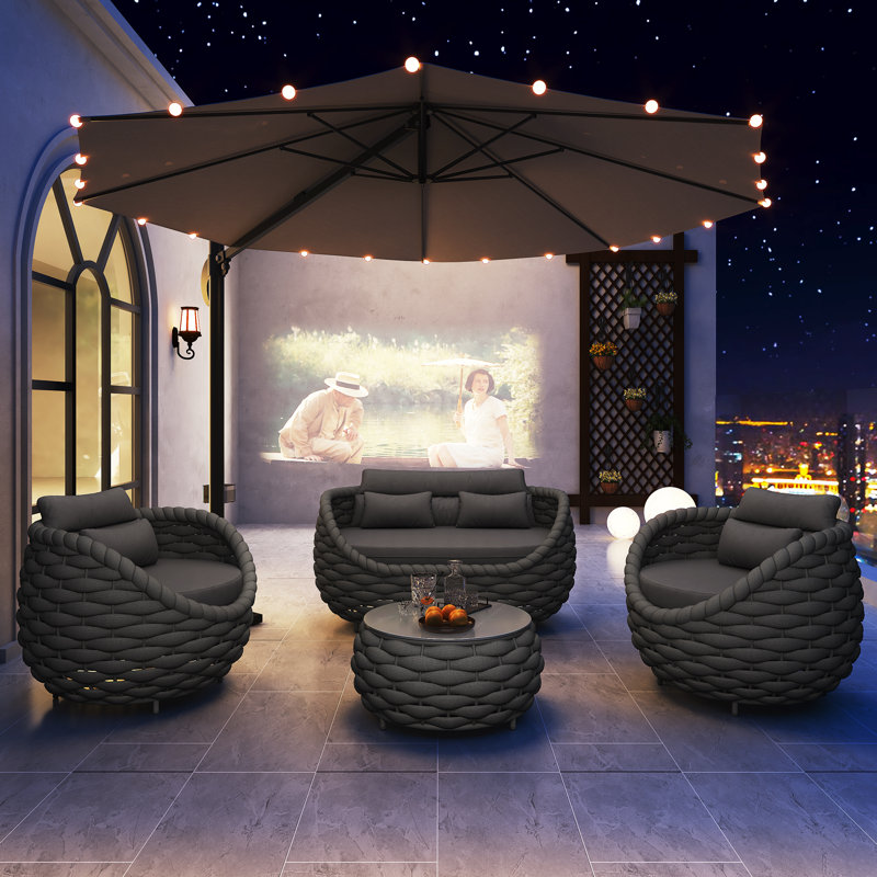Giany Fully Assembled Altuminum Frame 4 - Person PVC-coated polyester Rope Outdoor Seating Group with Cushions, Dark Gray