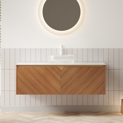 Meuble-lavabo rond transparent en verre, armoire flottante 48 po, esthétique distincte en sergé, mécanisme de fermeture en douceur, finition blanche