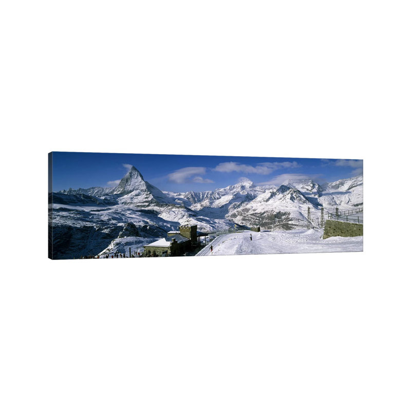 Group Of People Skiing Near A Mountain, Matterhorn, Switzerland - Wrapped Canvas Panoramic Print