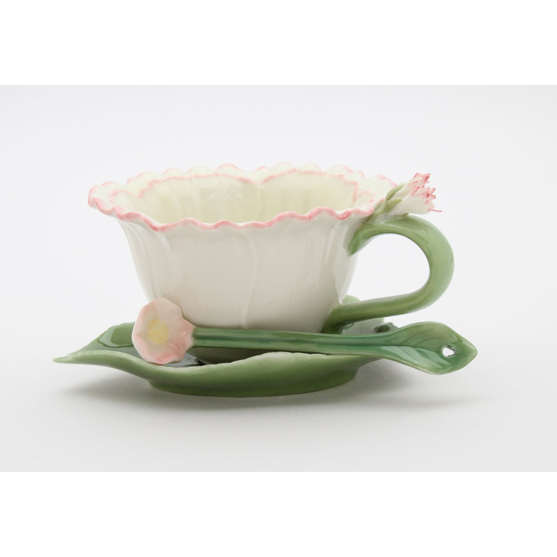 White and Green Ceramic Flower Cup and Saucer Set with Spoon
