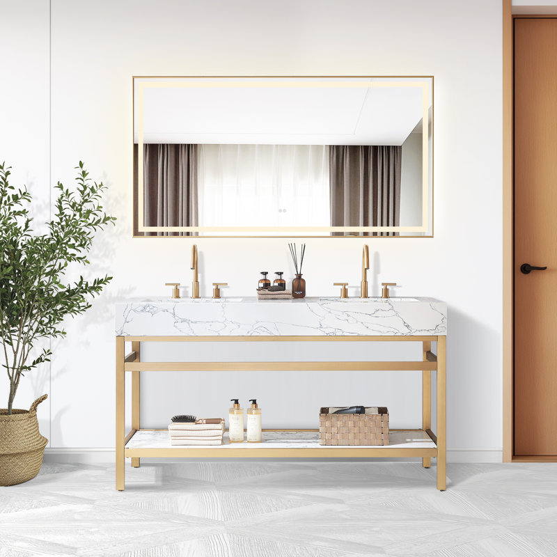 Meuble-lavabo double 60 po avec plateau en pierre d'ingénierie Wilde, Or brossé, Or
