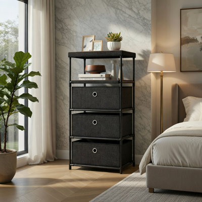 3-Drawer Fabric Storage Tower with Wood-Top Design, Metal Frame, Foldable Drawers, Anti-Tip Safety Kits, Compact Organizer for Living Room, Bedroom & Office, Black