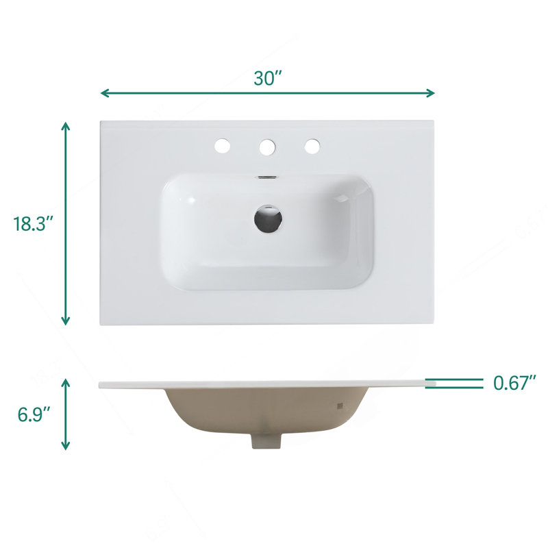 Integrated White Ceramic Basin With Three Predrilled Faucet Holes, Faucet And Drain Assembly NOT Included