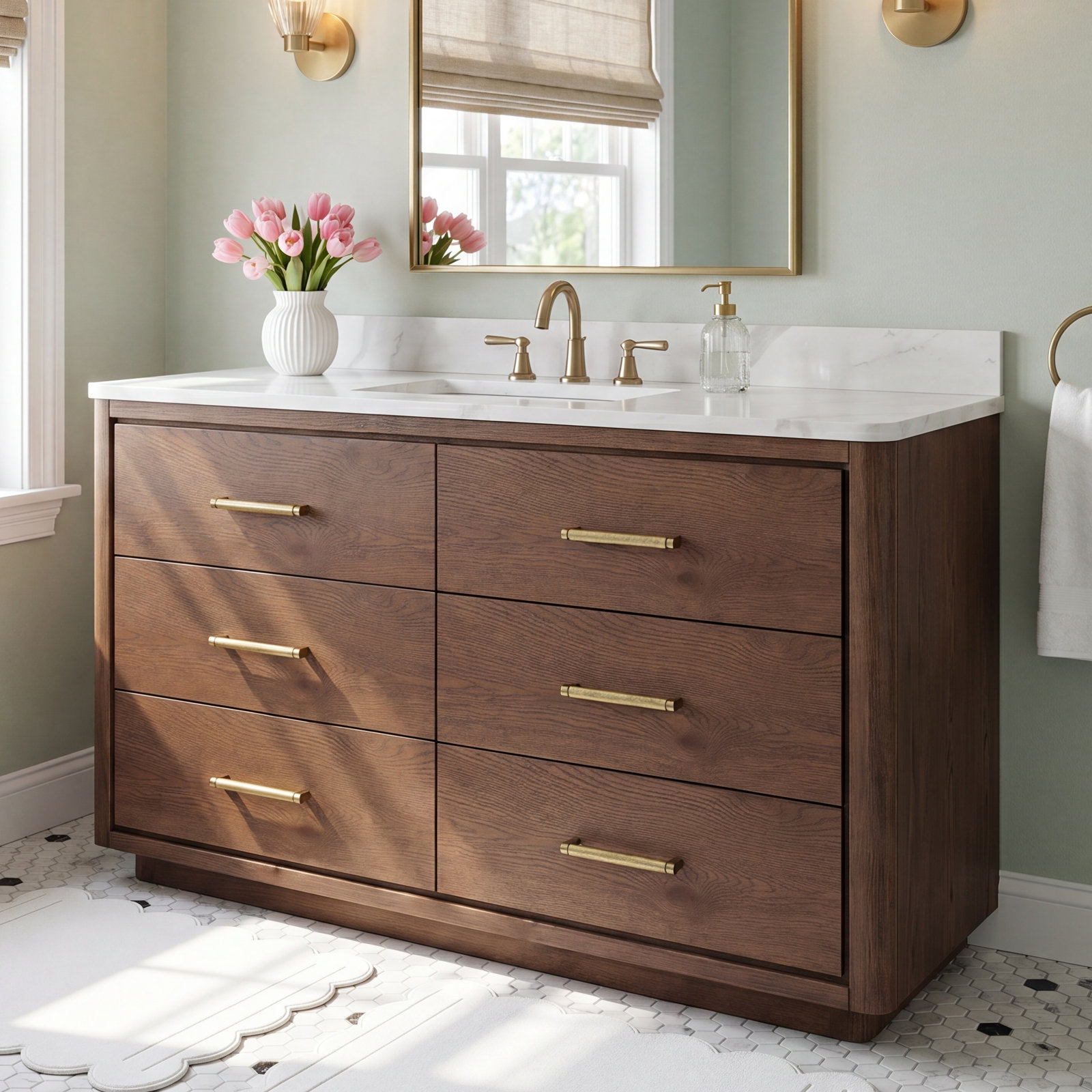 Porto 55'' Single Bathroom Vanity, Dark Brown Oak, Gold