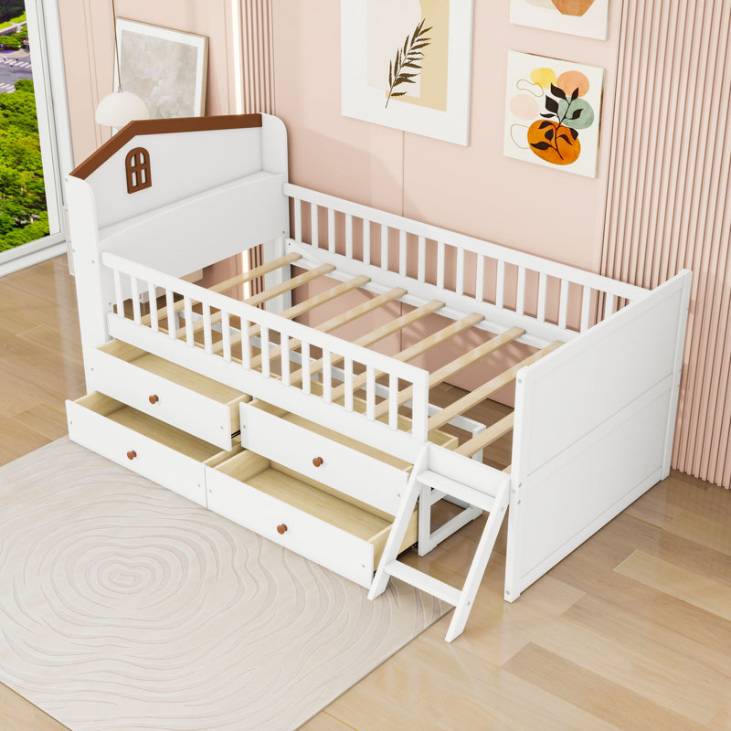 Lit pour enfant simple 4 tiroirs en bois avec garde-corps et tablette de tête de lit, Blanc