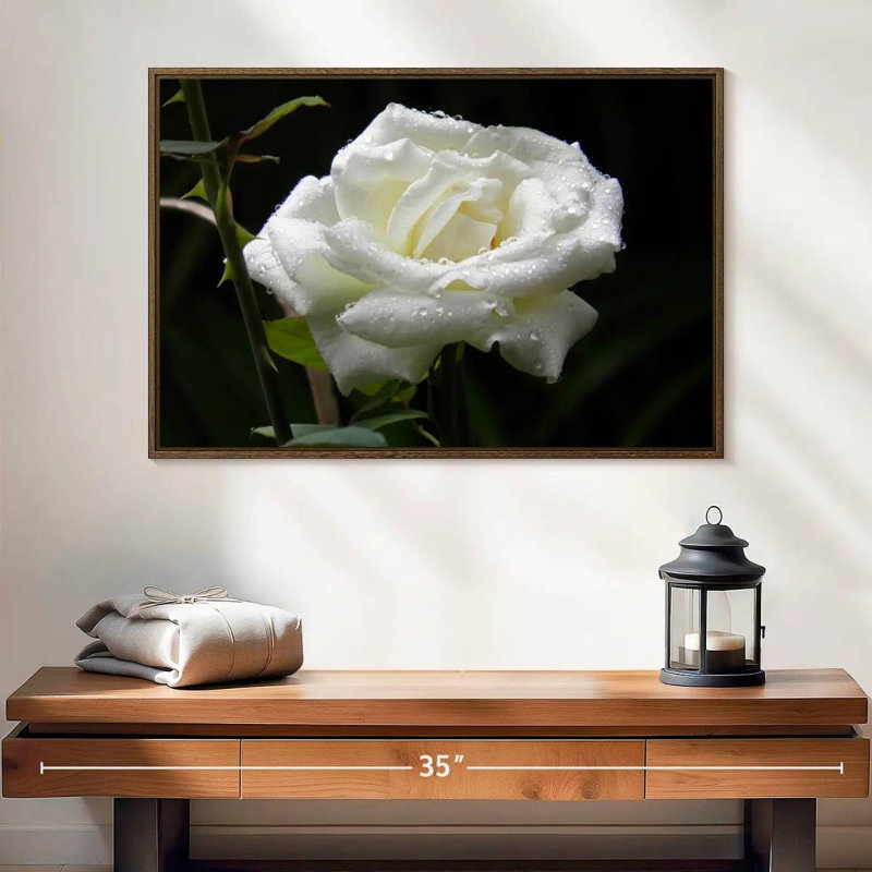 Gouttes de rosée sur rose blanche, 37 po x 25 po, Cadre flottant noyer