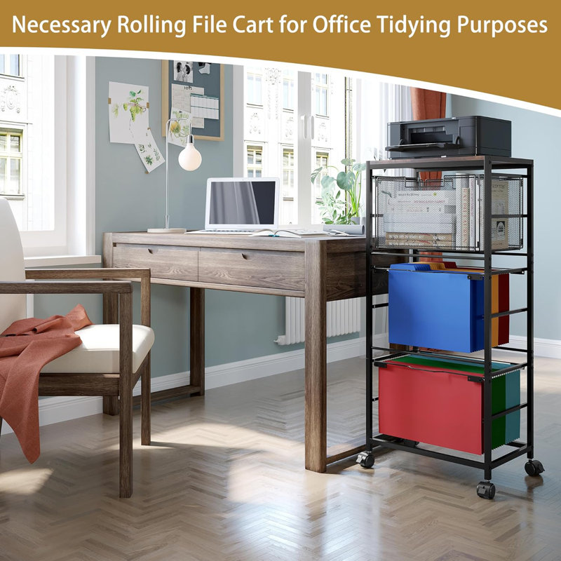 Rolling File Cabinet, Mobile Storage Drawer Cart, Filing Cabinet On Wheels With Hanging File Folder Organizer For Home Office School, Black