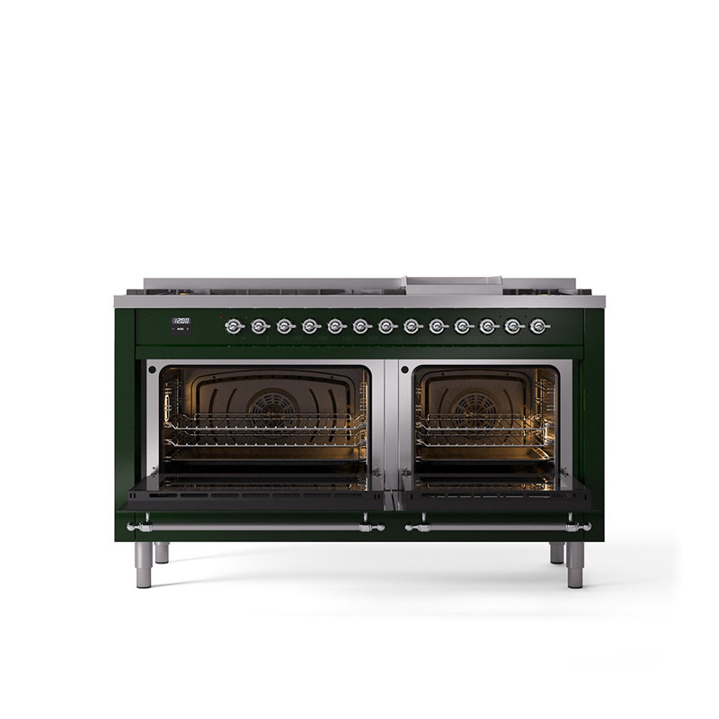 ILVE Nostalgie II 60 Dual Fuel Range, 9 Burners, Griddle, Liquid Propane, Emerald Green/Chrome