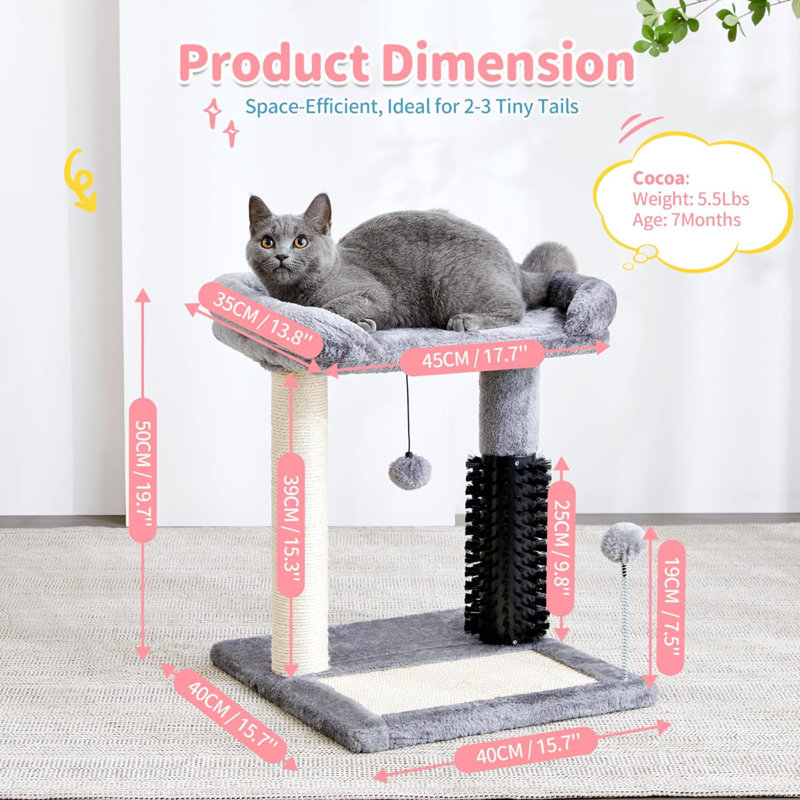 20" Gray Sisal Cat Tree Tower with Plush Perch and Groomer