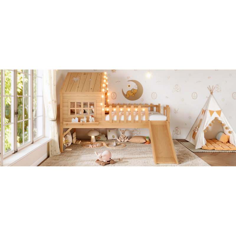Twin Size House Loft Bed With Slide,Playhouse Bed With Star Moon-Shaped Designs And Window, Chic Design With LED Lights,No Box Spring Needed,Natural