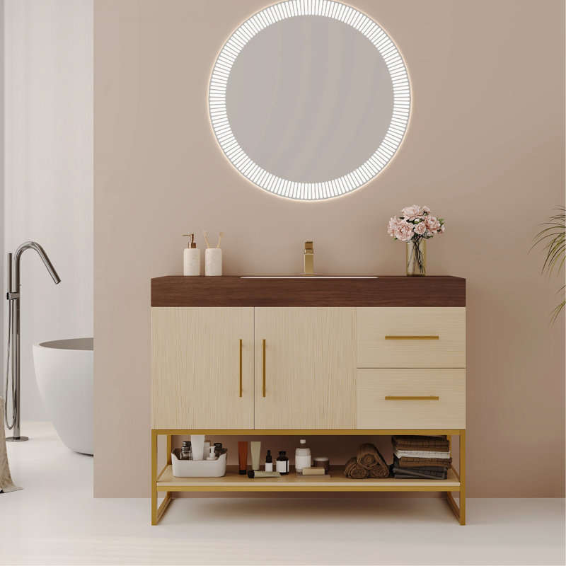 Meuble-lavabo moderne 36 po avec lavabo en céramique sans couture et armoire autoportante, Bois, Noyer