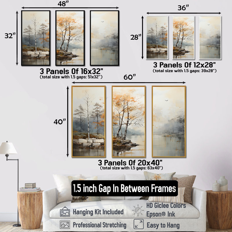 Ensemble de salon mural gris avec décorations fluviales «Forest River I», Cadre flottant noir, H 40 po x l 60 po x P 1 po