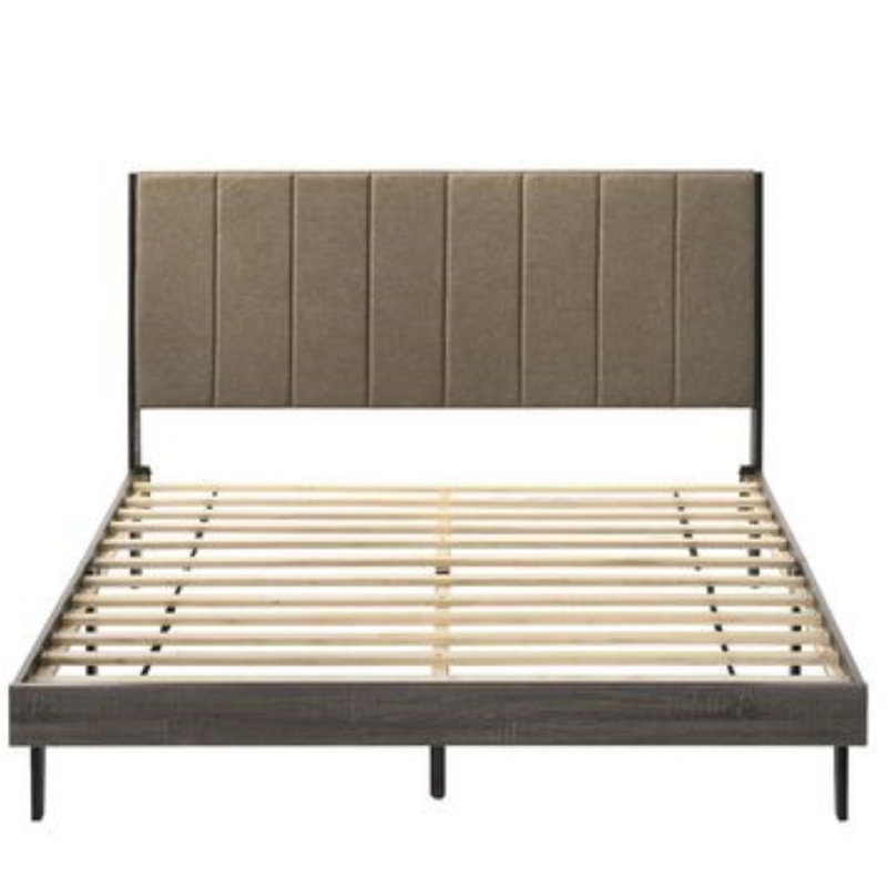 Grand lit Valdemar en tissu brun et gris vieilli