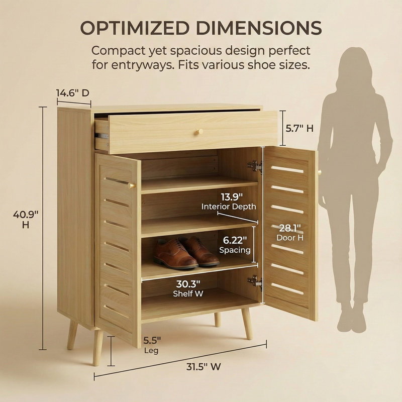 Shoe Cabinet with Adjustable Shelves,Top Drawer, Oak Wood