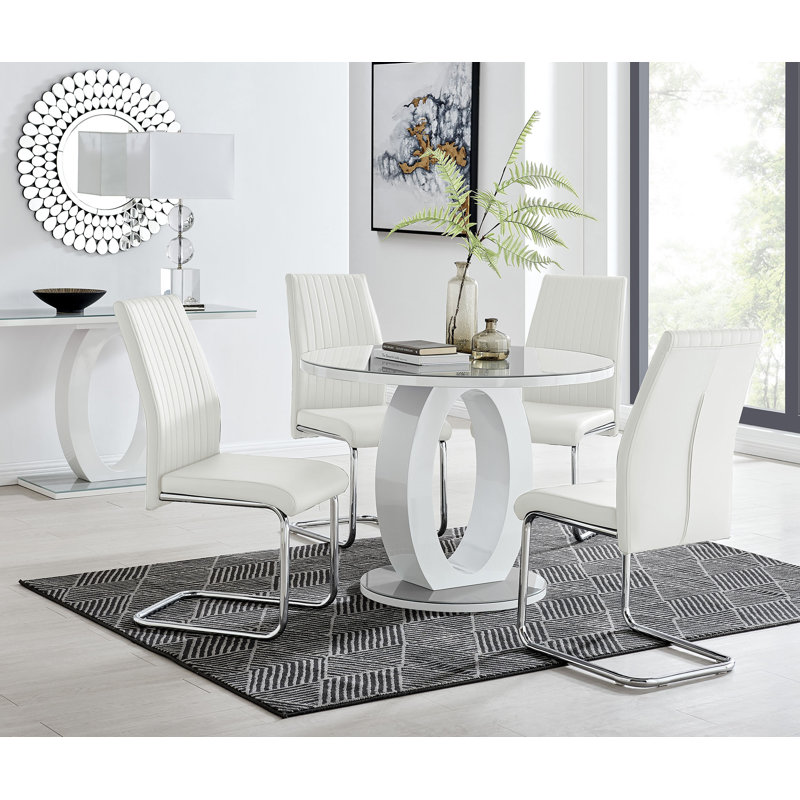 Scottsmoor Modern Halo Seat Round Dining Table Set - 4 Modern Sleek Dining Chairs, White, Grey, 75Cm H x 100Cm W x 100 Cm D