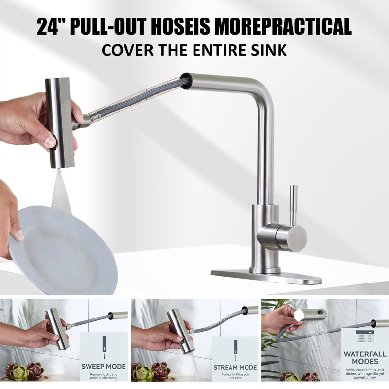 Pull-Down Spray Kitchen Faucet, Waterfall Kitchen Faucet, 3 Modes (Waterfall/Stream/Spray), Deck-Mounted Kitchen Faucet