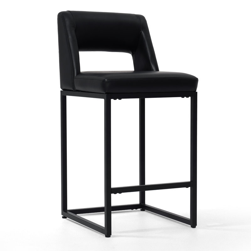 26 Inch Fresh Look Upholstered Faux Leather Counter Height Bar Stools With Metal Frame, Black Seat/Black Frame, 1