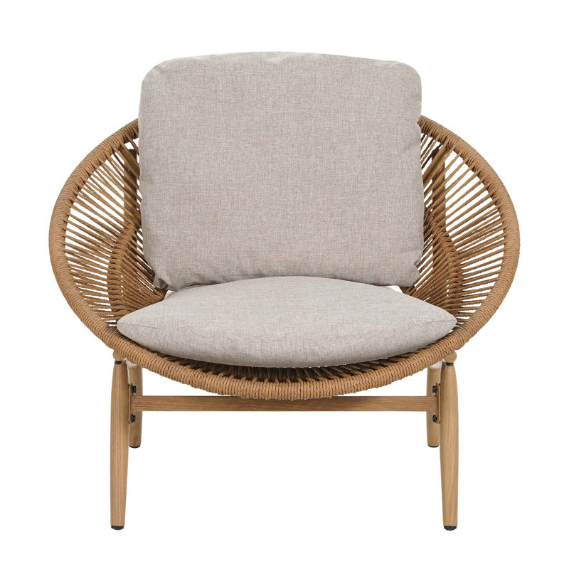 Chaise longue d'extérieur en osier de style papasan Cyril, ensemble de 1, Coussin beige / structure brun clair