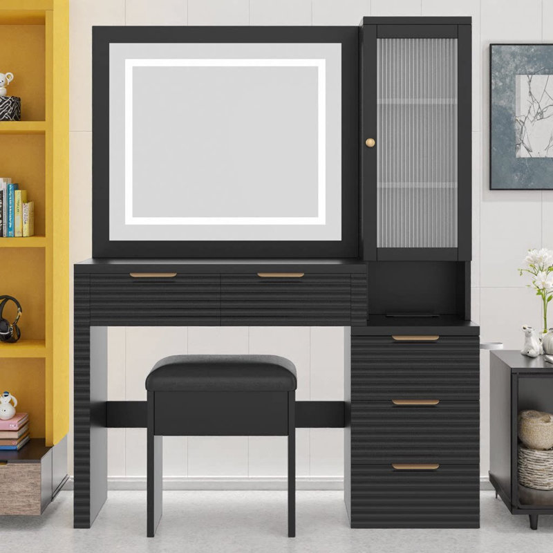 Meuble-lavabo noir cannelé 43 po avec miroir lumineux, station de charge, 5 tiroirs et armoire en verre, support pour sèche-cheveux, tabouret de rangement