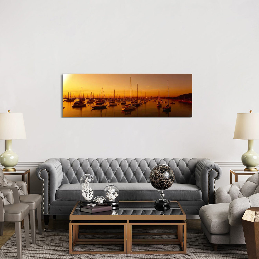 Boats Moored At A Harbor At Dusk, Chicago River, Chicago - Wrapped Canvas Panoramic Print