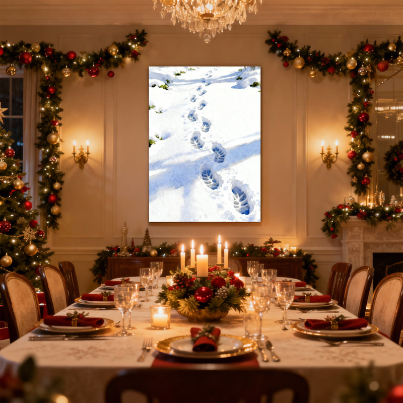 «Christmas Snowy Path» avec 3 empreintes de pas et ombres sur toile, H 18 po x l 12 po