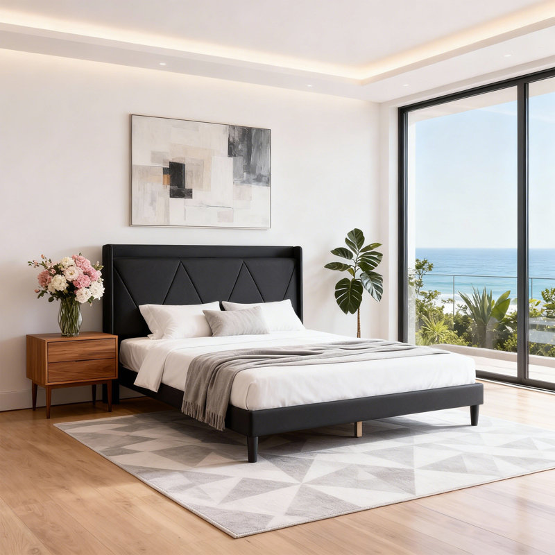 Base de lit plateforme moderne avec tête de lit et station de charge USB, Grand