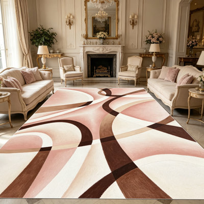 1PC Abstract Curved Geometric Neutral Blush & Brown Tone area rugs, Soft and Comfortable, easy-to-maintain, machine washable Indoor floor mat, suitable for living room, bedroom, dining area, home office, entryway, patio, Home Decor, Outdoor Decor.