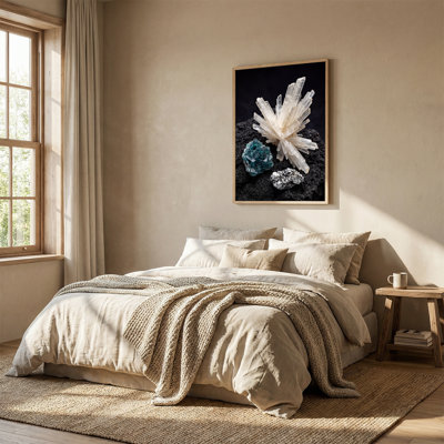Large White Crystal Cluster And Blue Silver Minerals On Dark Rock Canvas Wall Art