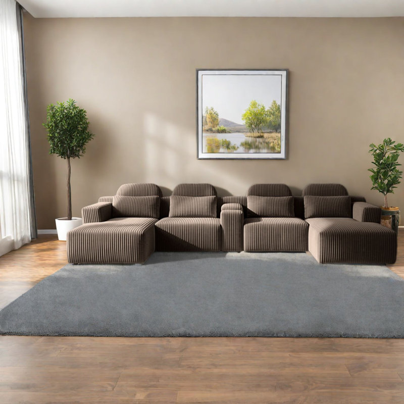 Modern Compression Sofas with Storage, 6 Seat Corduroy U Shaped Modular for Home