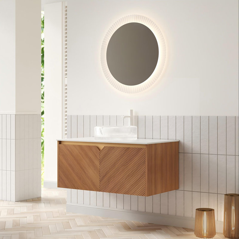 Meuble-lavabo mural 36 po avec lavabo vasque en verre transparent, portes en bois sergé et plateau en pierre frittée Carrara