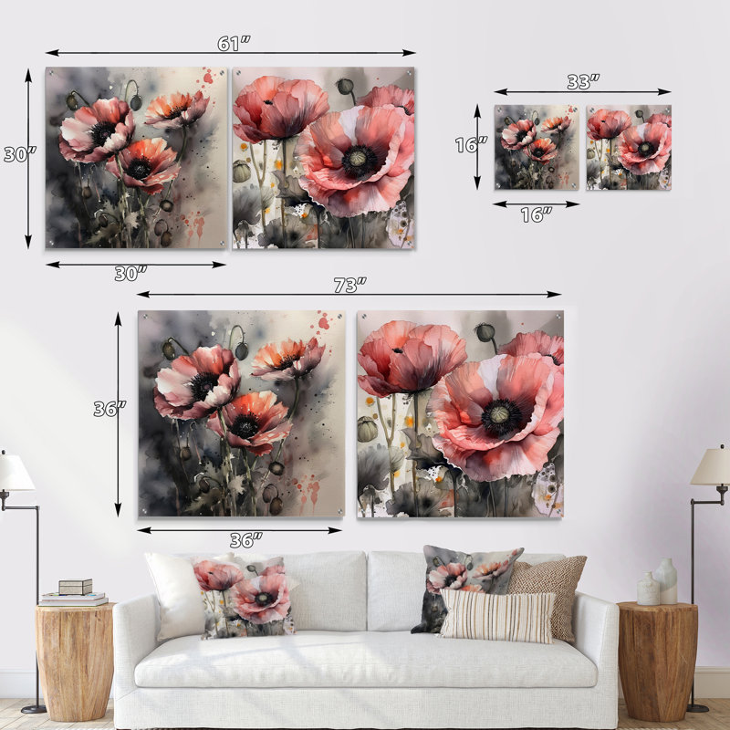 Pivoine rose Blooms I - ensemble de 2 peintures murales en acrylique, H 16 po x l 33 po