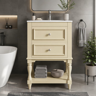 Meuble-lavabo de salle de bain avec lavabo en céramique, armoire de rangement pour salle de bain avec tablette ouverte, armoire de salle de bain rétro avec 2 tiroirs