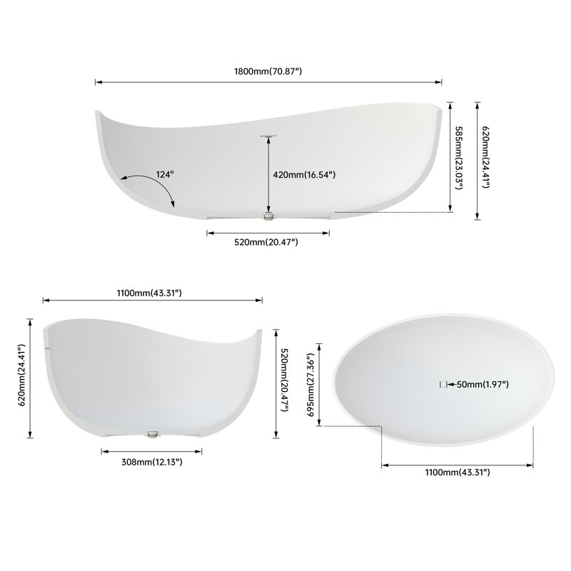 71"×43" Luxury Resin Stone Soaking Bathtub Freestanding Tub