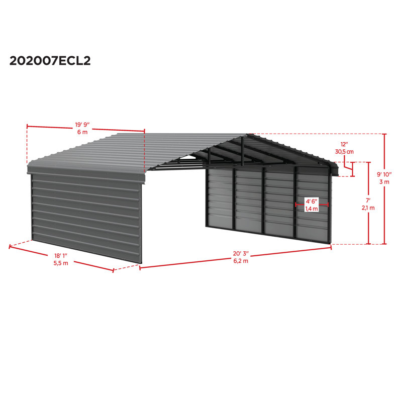 Steel Carport With 2 Side Wall Kits, 20X20X7, Black