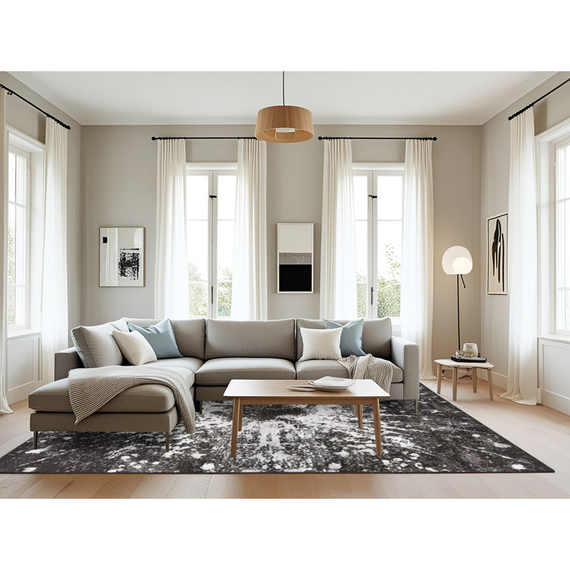 Tapis noir / blanc à motif abstrait Burtonsville, Rectangle 8 pi x 10 pi