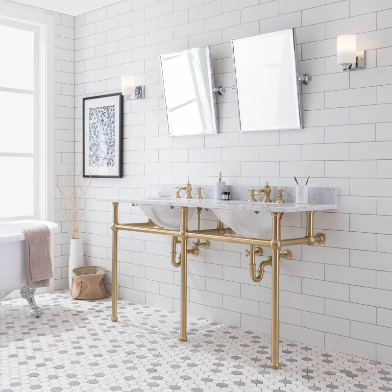 Embassy Stone Oval Console Bathroom Sink with Faucet and Overflow, Satin Brass